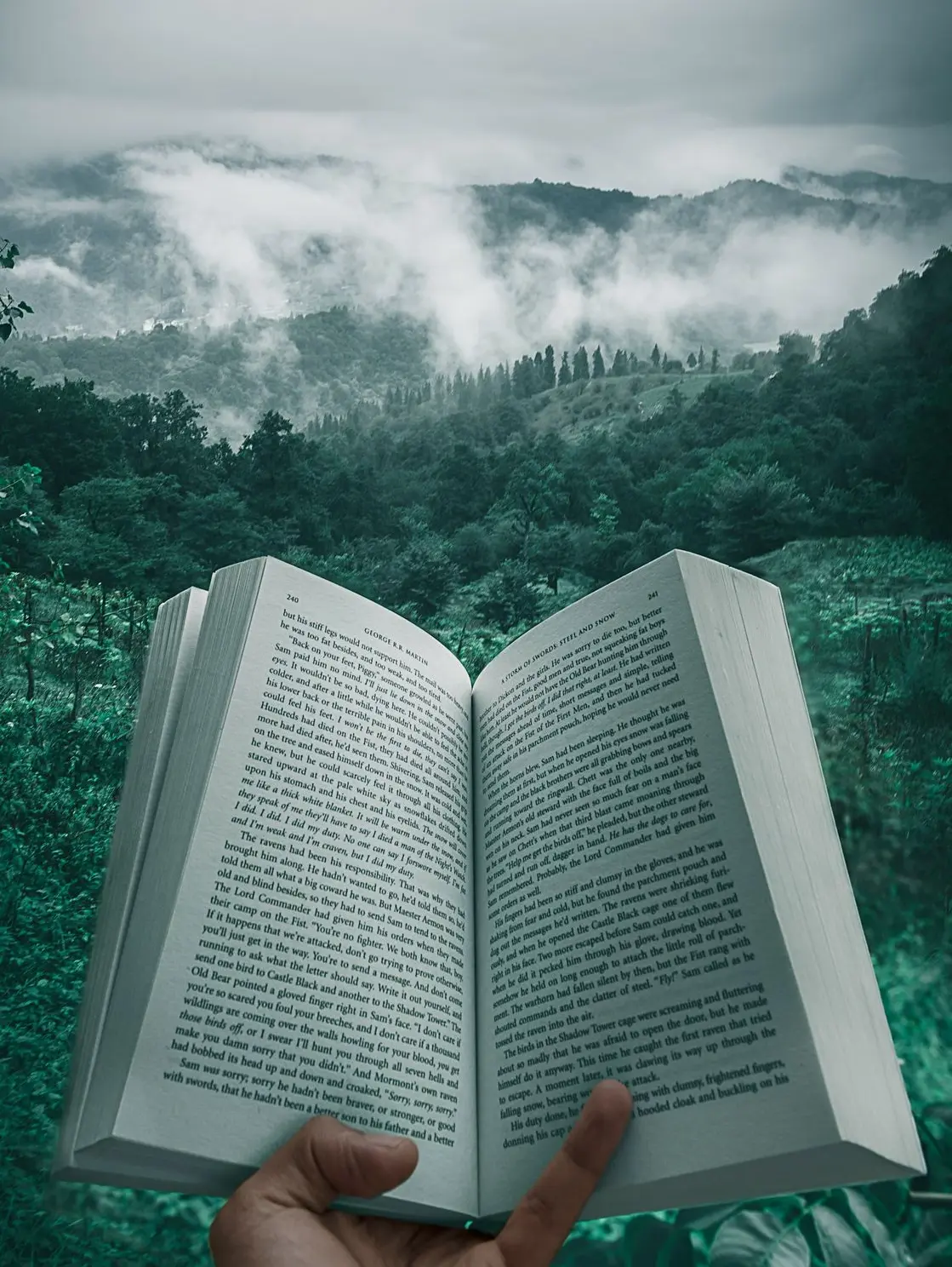 person holding open book viewing mountain view